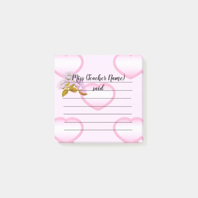 Customized Pink Heart Teacher Notes (Front)