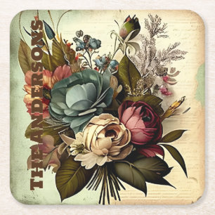CUSTOMIZED VINTAGE VICTORIAN SCRAP FLORAL SQUARE PAPER COASTER