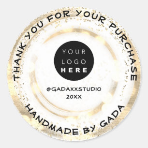 CustomLogo ThankYou Handmade White Gold Confetti Classic Round Sticker