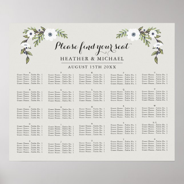 CustomnvPainted Anemone-Alphabetical Seating Chart (Front)