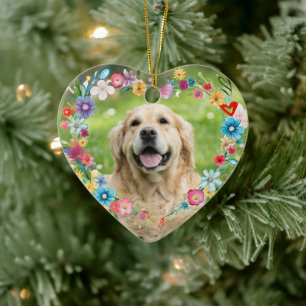 CustomPhoto Pet Memorial Floral Heart Shaped  Ceramic Ornament