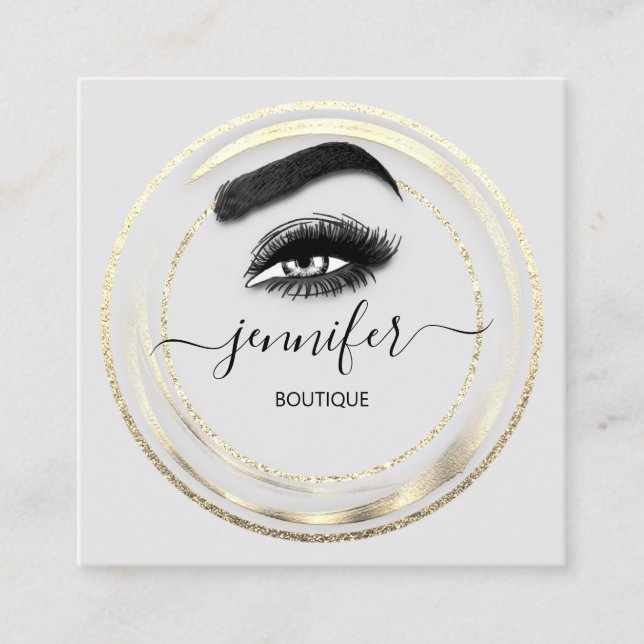 CustomQR Code Logo Glitter Gold Grey Eyelash Square Business Card (Front)