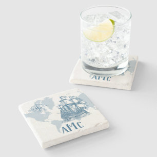 CustomSailboat with Monogram Nautical Stone Coaster
