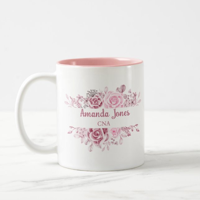 Custum Name CNA Nursing Floral Rose Two-Tone Coffee Mug (Left)