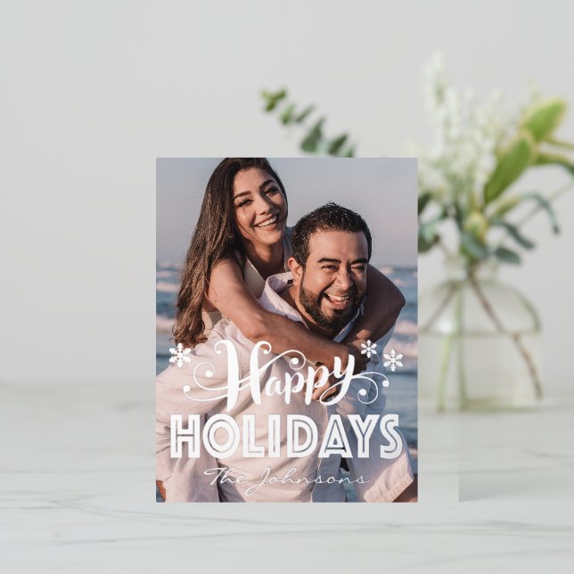 Custum Photo Happy Holidays Typography Snowflake F Foil Holiday Postcard (Standing Front)