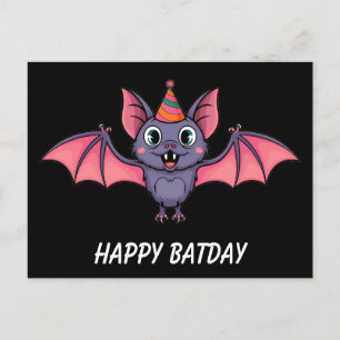 cut bat wearing birthday hat postcard