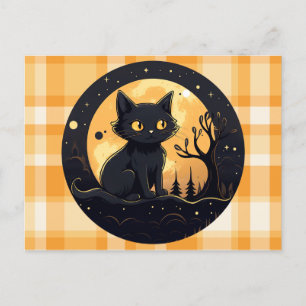 Cut Black Cat Orange and White Plaid Halloween Holiday Postcard