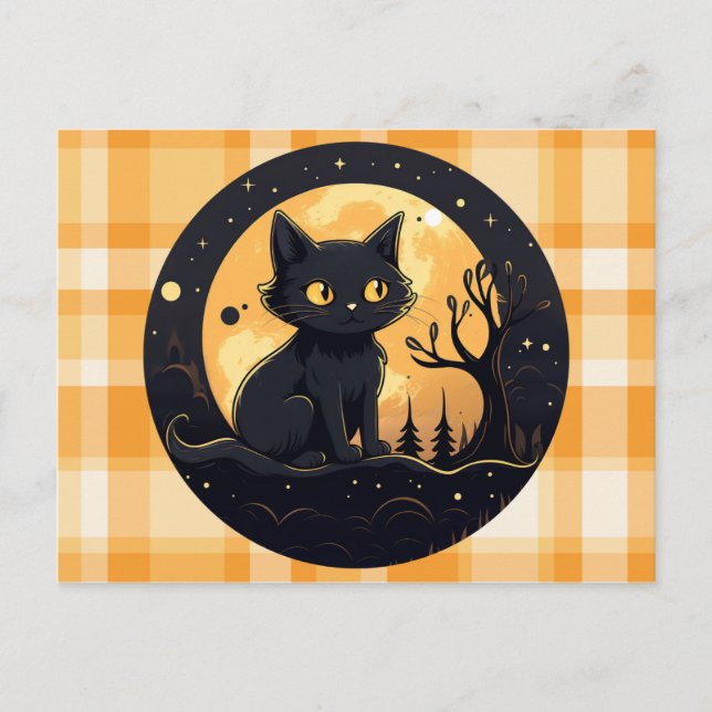 Cut Black Cat Orange and White Plaid Halloween Holiday Postcard (Front)