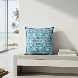 Cut Coastal Beach House Blue Marine Pattern  Cushion