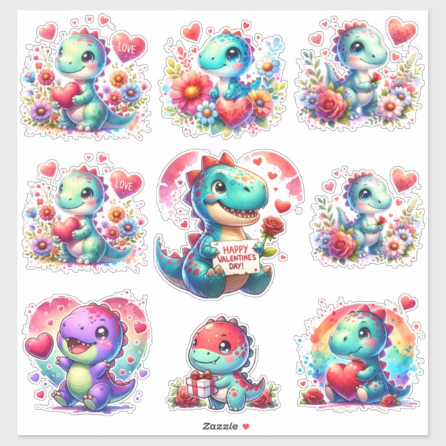 Cut Dinosaurs Valentine Custom-Cut Vinyl Sticker (Sheet)
