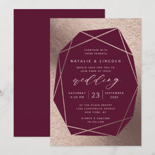 Cut Gemstone Burgundy Wine Rose Gold Foil Wedding Invitation
