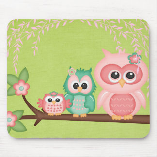 Cut Owls Branch Pink Mint Green Birds Mouse Pad