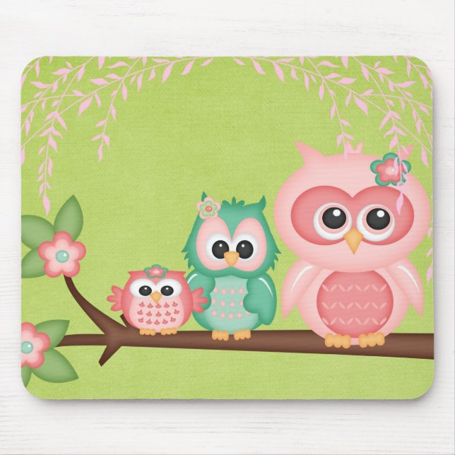 Cut Owls Branch Pink Mint Green Birds Mouse Pad (Front)