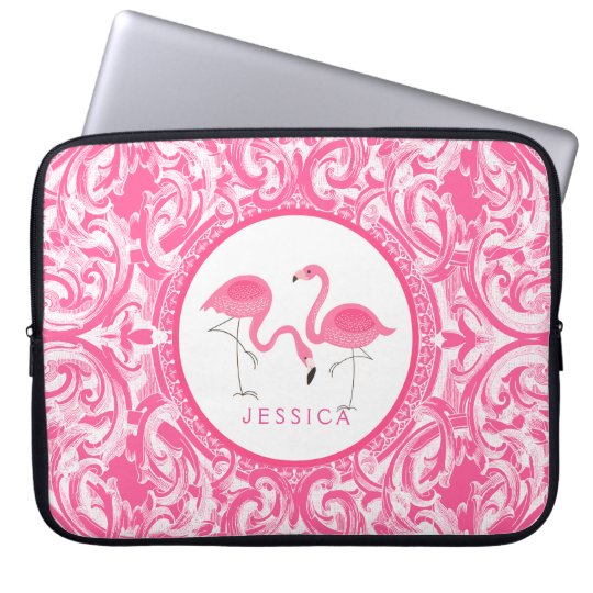 Cut Pair Of Pink Flamingos With Pink Swirls Laptop Sleeve