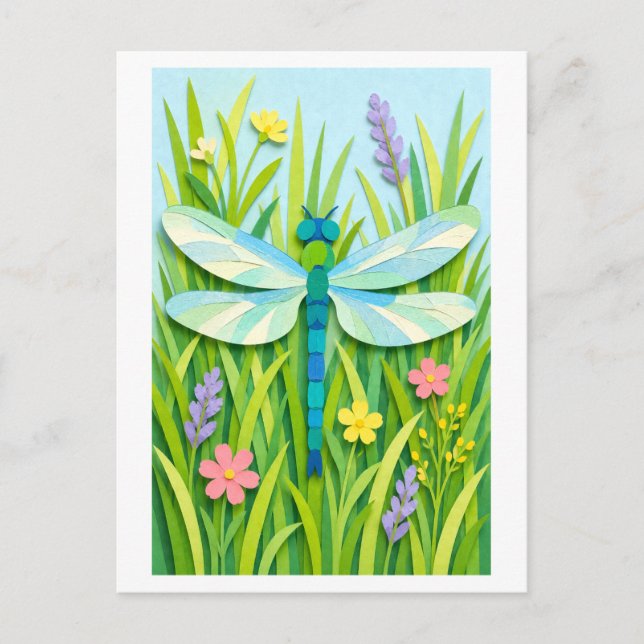 Cut Paper Collage-Style Dragonfly Postcard (Front)