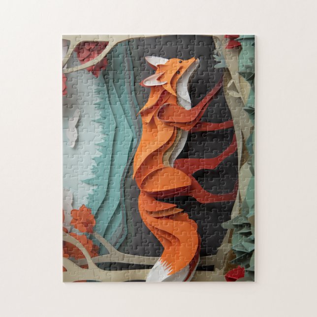 Cut paper fox among trees jigsaw puzzle (Vertical)