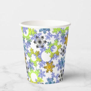 Cut paper snowflakes multicolored on white cups