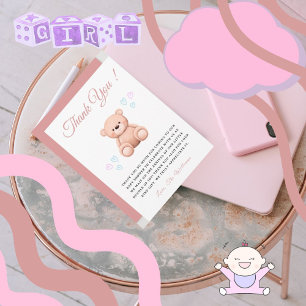 Cut Teddy Bear, handdrawn Hearts Girl Baby Shower Thank You Card
