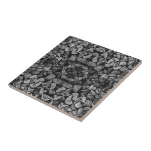 Cut Tree Logs Stacked Together Black & White Photo Ceramic Tile