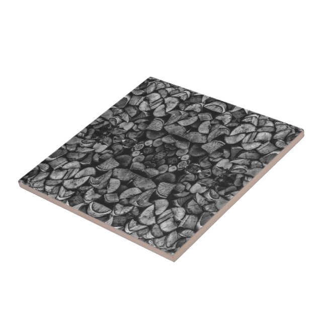 Cut Tree Logs Stacked Together Black & White Photo Ceramic Tile (Side)