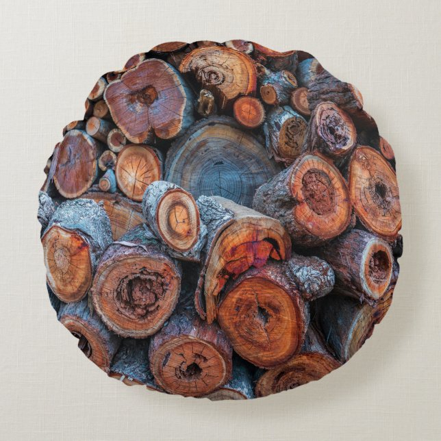 Cut Tree Logs Stacked Together Pattern Photograph Round Cushion (Front)