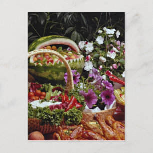 Cut watermelon fruit basket with flowers postcard