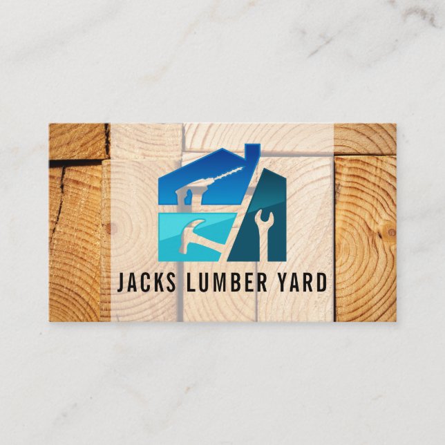 Cut Wood Boards | Hardware Tools Logo Business Card (Front)