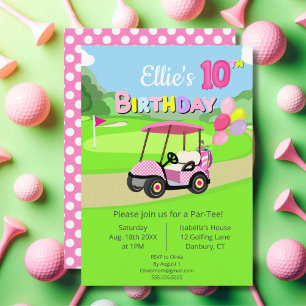 Cute 10th Birthday Polka Dot Pink Girly Golf  Invitation