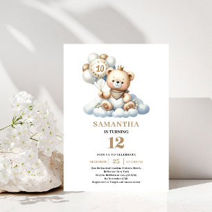 Cute 10th Birthday Teddy Bear Gold Ivory Balloons Invitation