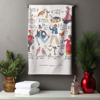 Cute 12 Days of Christmas Classic Illustration  Tea Towel