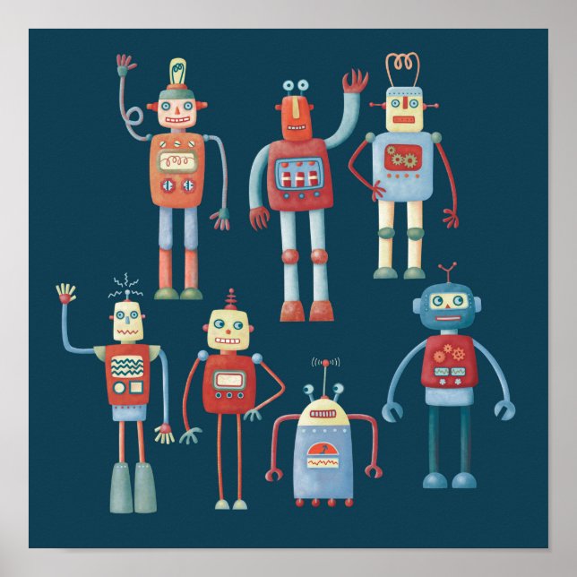 Cute 1950s Style Retro Robots Poster (Front)
