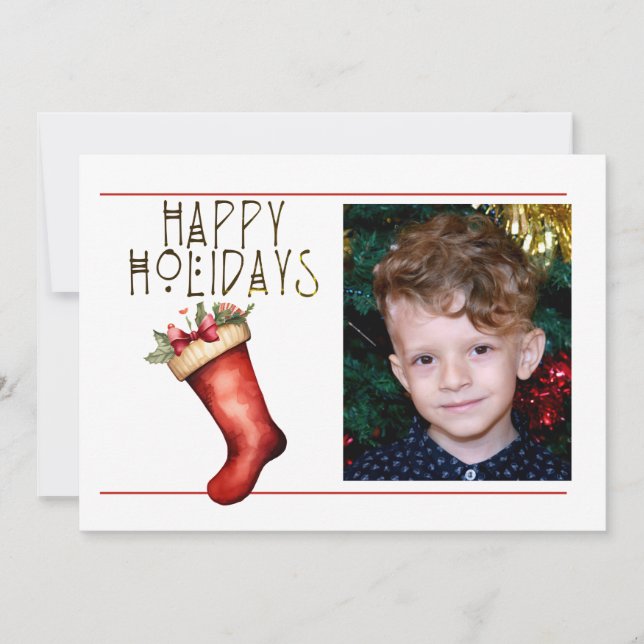 Cute 1 Photo HAPPY HOLIDAYS RED CHRISTMAS STOCKING Holiday Card (Front)