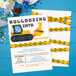 Cute 1st Birthday Construction Vehicle Birthday In Invitation