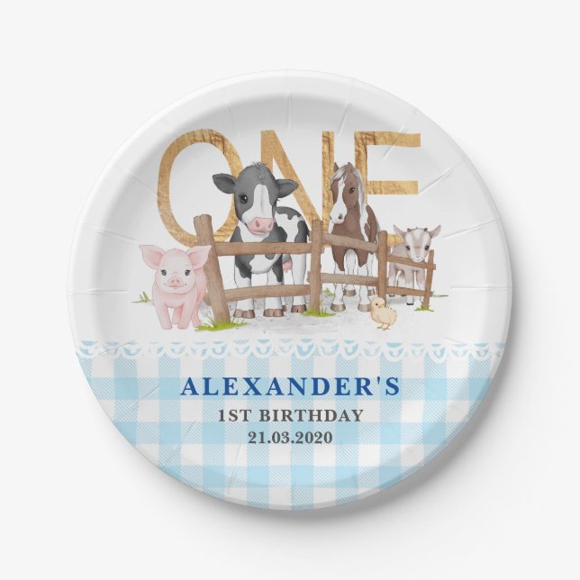 Cute 1st Birthday Farm Animals Barnyard Kids Paper Paper Plate (Front)