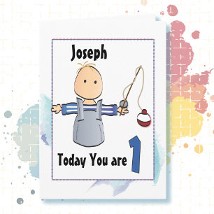 Cute 1st Birthday Fishing Cartoon Little Boy Card
