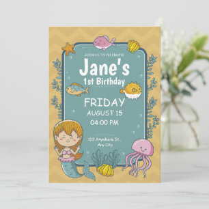 Cute 1st Birthday Mermaid Under The Sea Birthday Invitation