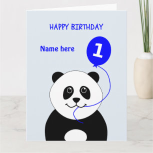 Cute 1st birthday panda add name blue card