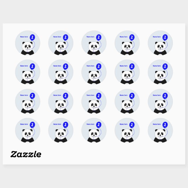 Cute 1st birthday panda add name blue classic round sticker (Sheet)