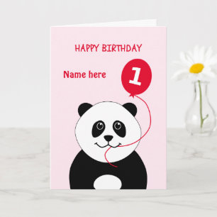 Cute 1st birthday panda add name pink card