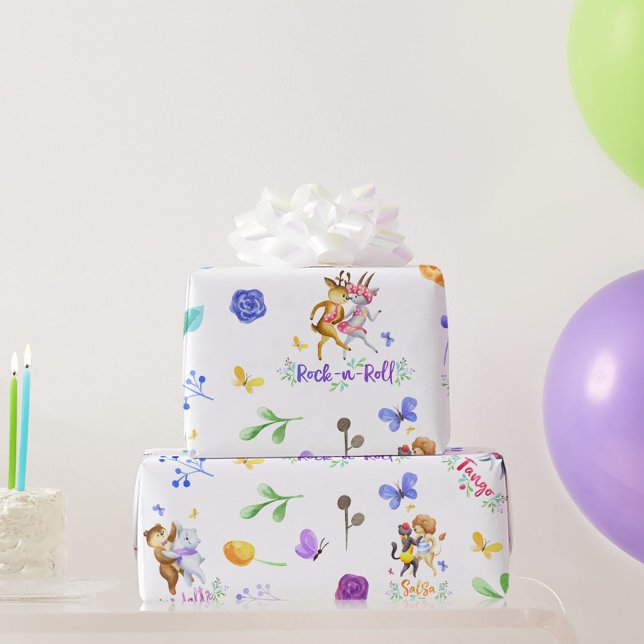 Cute 1st Birthday Party Forest Animals Dancing   Wrapping Paper (Creator Uploaded)