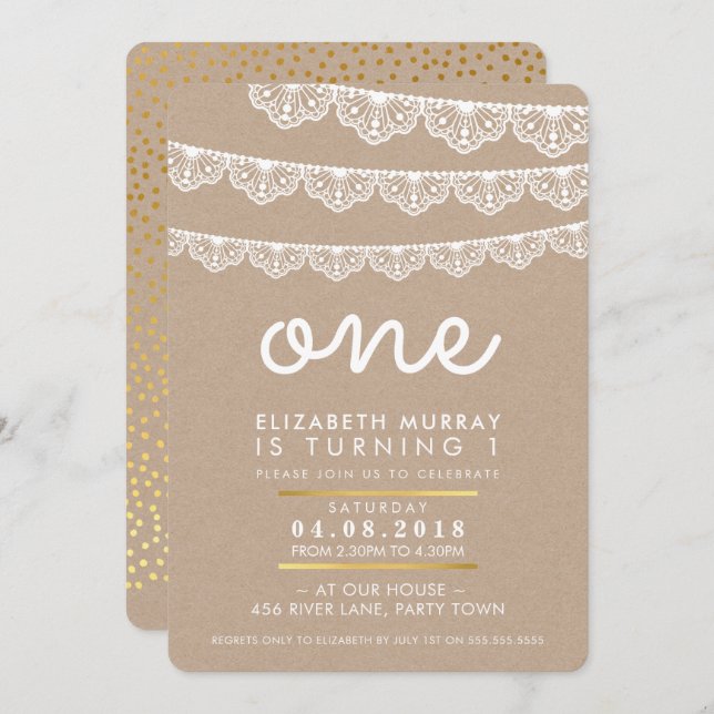 CUTE 1st birthday party INVITE rustic lace bunting (Front/Back)
