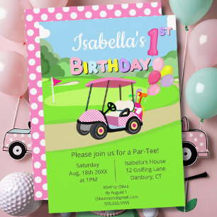 Cute 1st Birthday Polka Dot Pink Girly Golf  Invitation