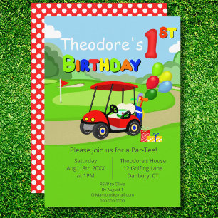 Cute 1st Birthday Red Golf Cart Boy's Invitation