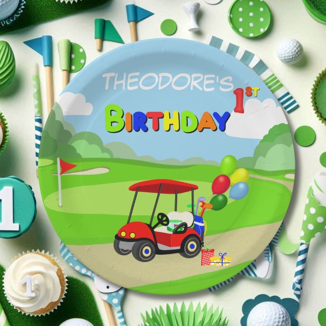 Cute 1st Birthday Red Golf Cart Boy's Paper Plate (Creator Uploaded)