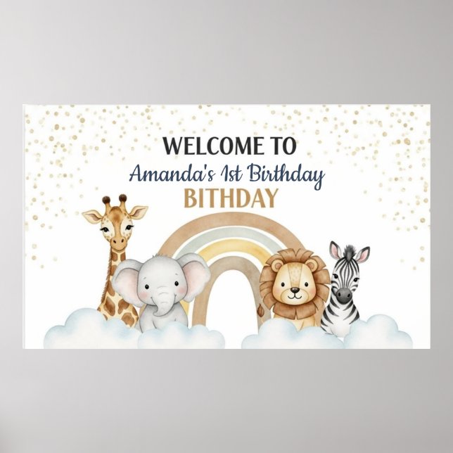 Cute 1st Birthday Safari Animals Paper Poster (Front)