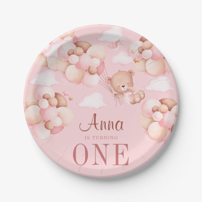 Cute 1st Birthday Teddy Bear Baby Birthday Pink Paper Plate (Front)