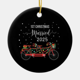 Cute 1st Christmas Married 2025 Tandem Bicycle  Ceramic Ornament