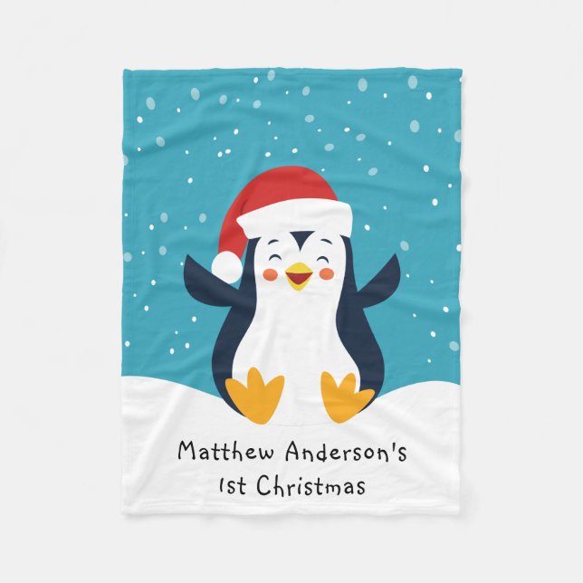 Cute 1st Christmas Penguin Fleece Blanket (Front)