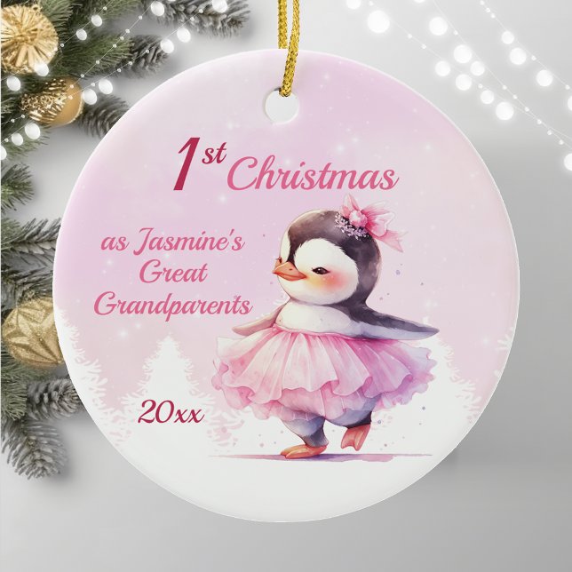 Cute 1st Christmas Penguin Great Grandparents Pink Ceramic Ornament (Creator Uploaded)