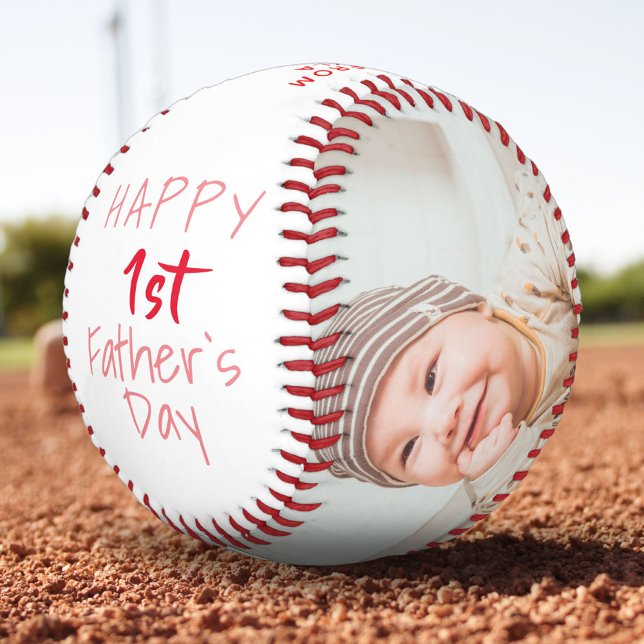 Cute 1st Father`s Day Pink Script 2 Photo Collage Baseball (Creator Uploaded)